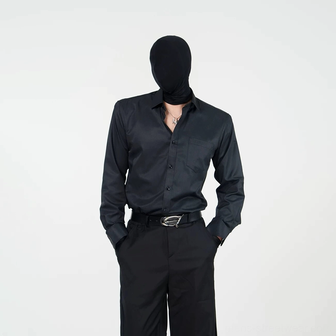 Black Korean streetwear point-collar dress shirt with open collar necklace leather belt and black trousers