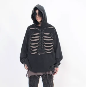 Black Korean streetwear skeleton cutout hoodie direct front view with oversized hooded silhouette and rib cage design