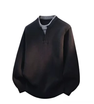 Black layered Henley knit sweater with contrast gray inner collar, button placket, relaxed drop shoulder fit, and ribbed streetwear details