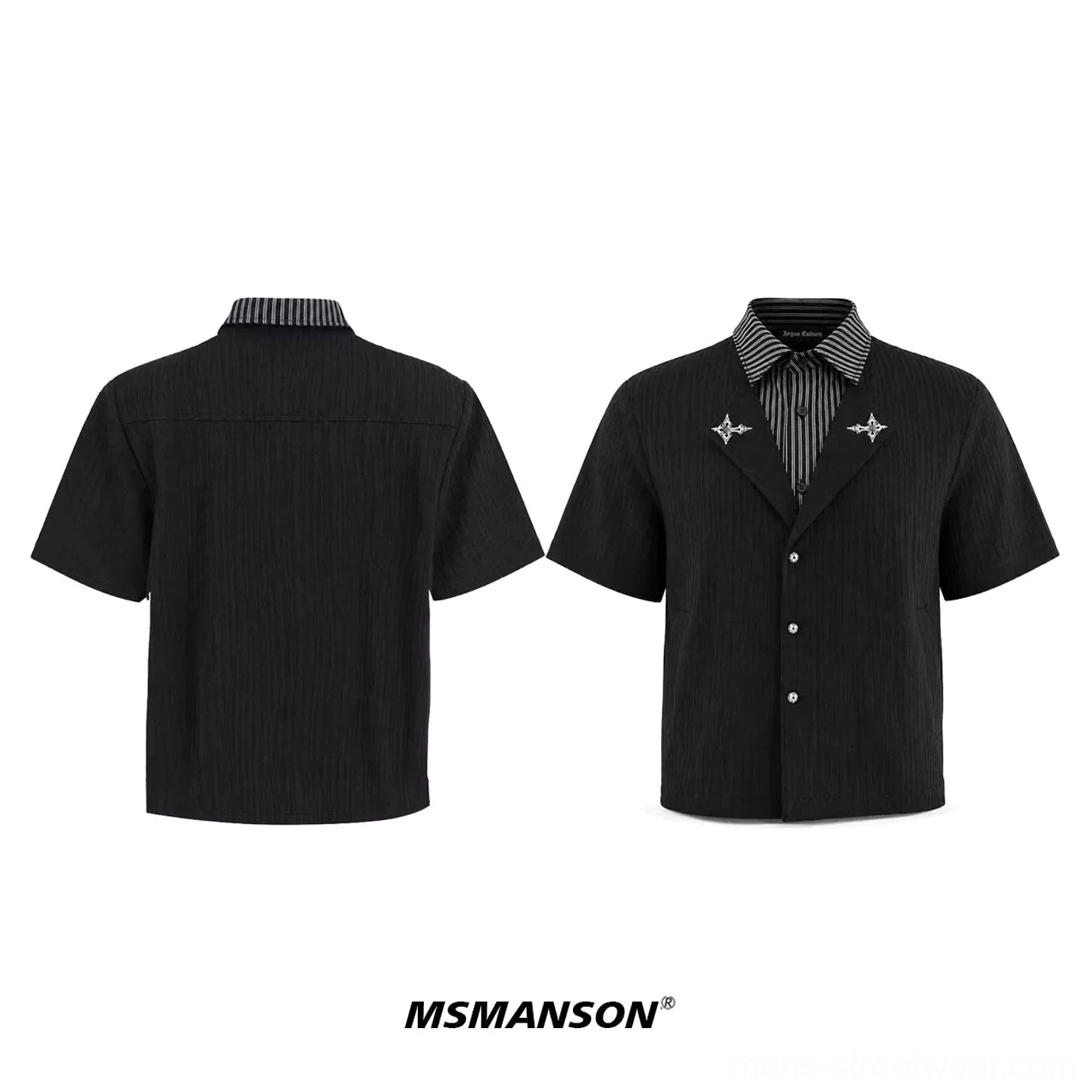 Black layered illusion short-sleeve shirt shown front and back with striped collar button closure and textured fabric