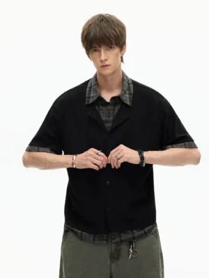 Black layered plaid hem knit shirt worn with olive cargo pants in a full-body Korean streetwear outfit