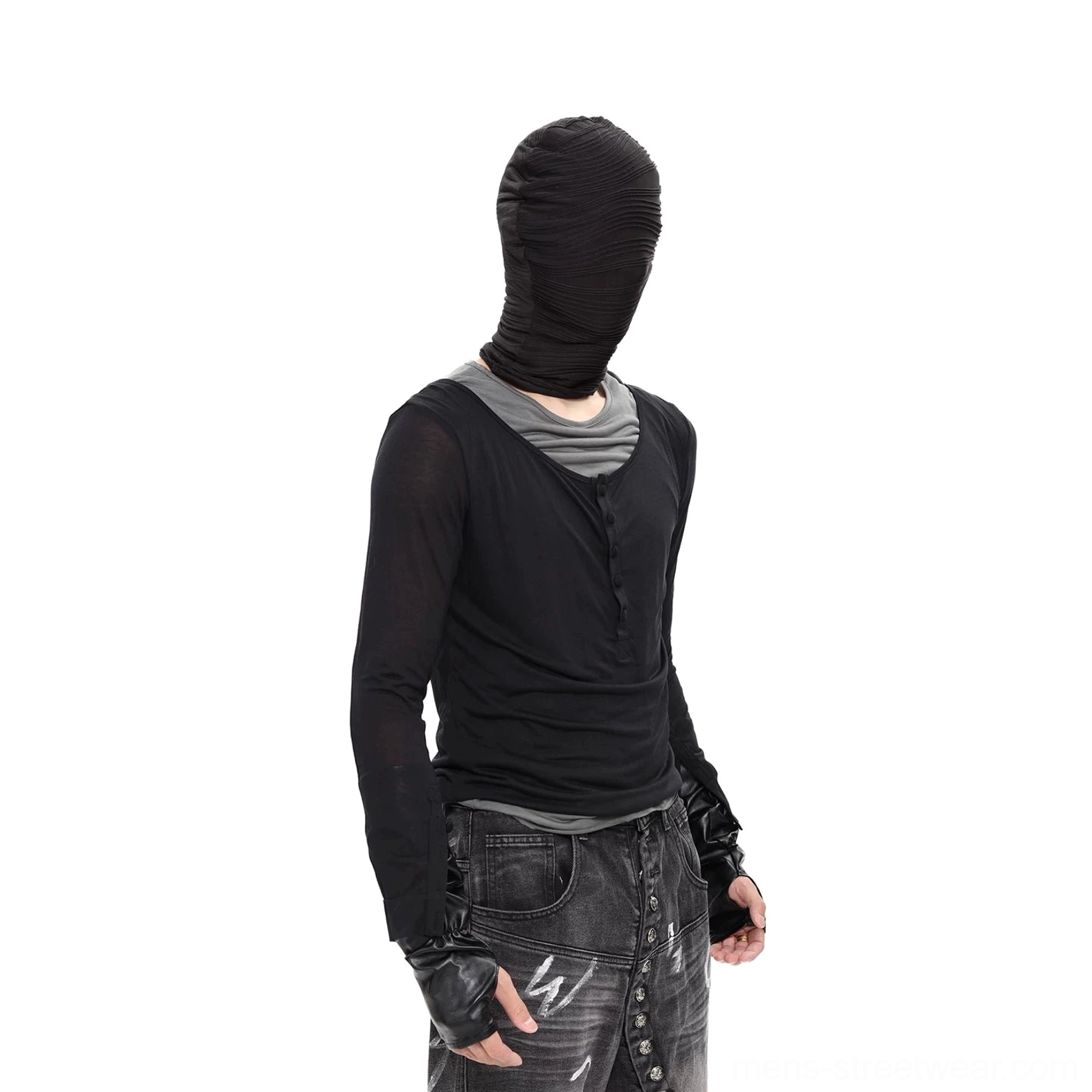 Black layered ruched Henley long-sleeve top shown from the back with a grey inner layer, semi-sheer fabric, and textured face hood
