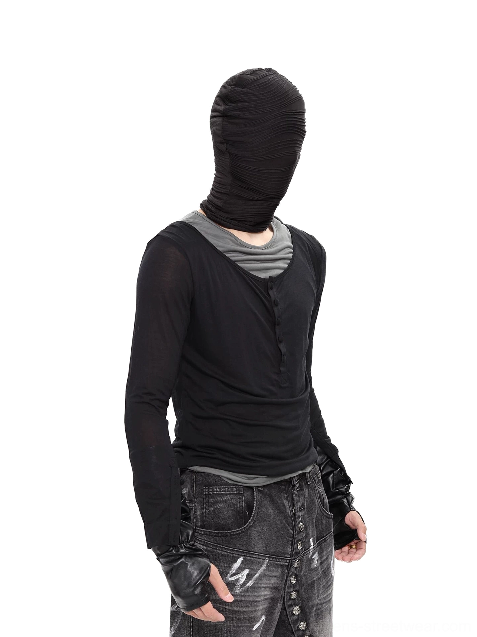 Black layered semi-sheer Henley long-sleeve streetwear top with grey inner layer, ruched face hood, slim fit, and elongated cuffs shown from a left three-quarter view