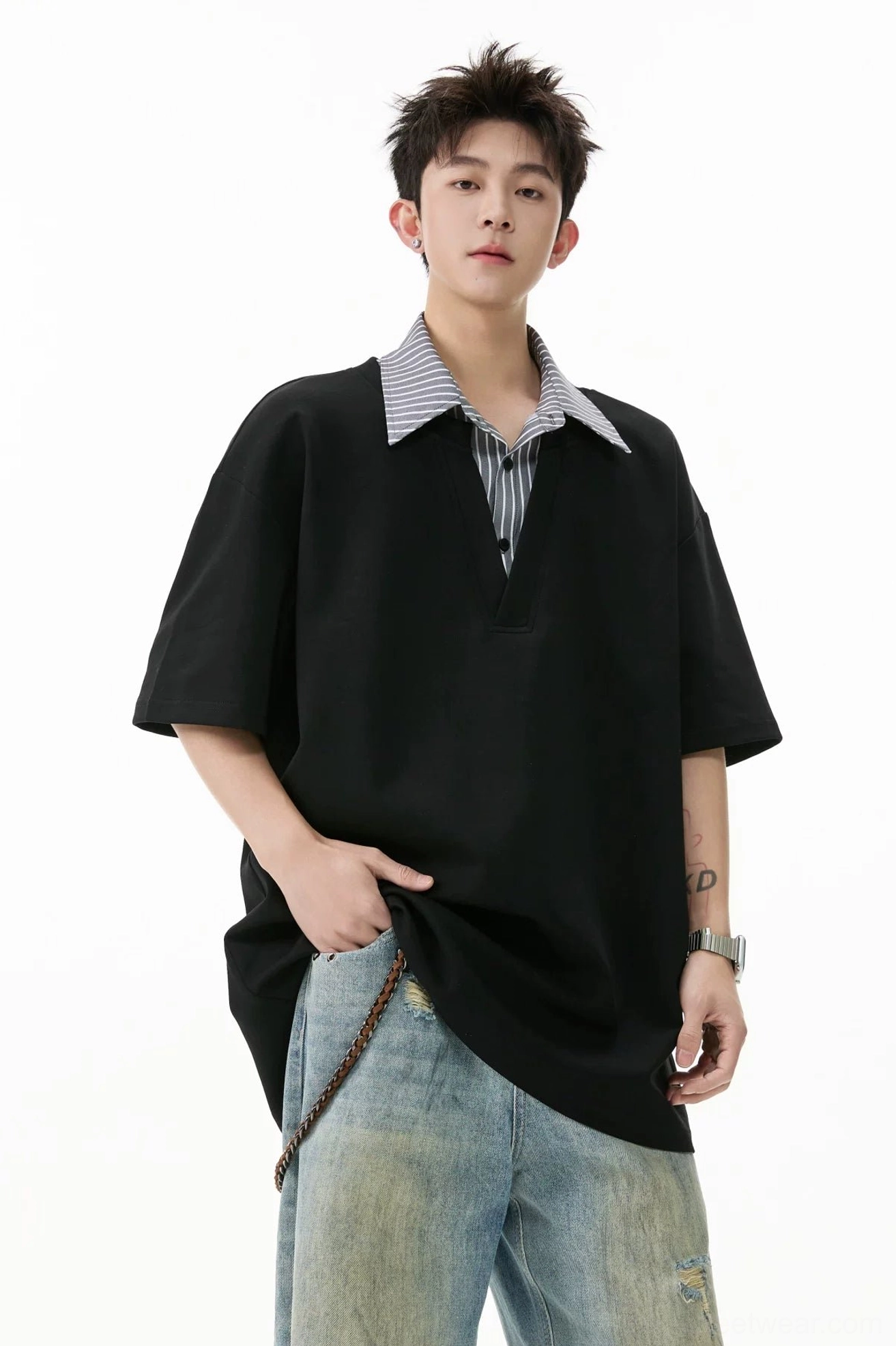 Black layered V-placket polo tee with striped collar styled with washed jeans and chain detail for Korean streetwear