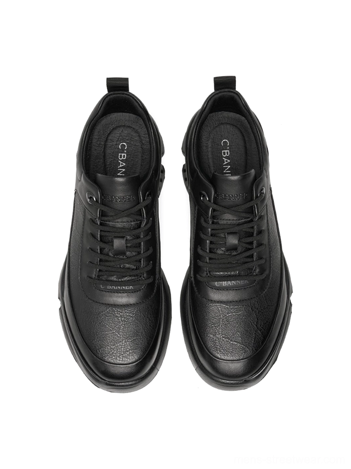 Black leather-look chunky runner sneakers with tonal laces and bold sculpted sole detail