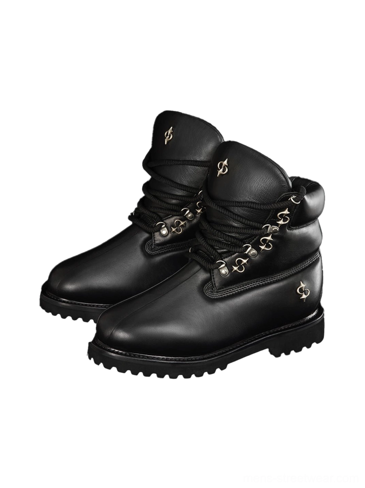 Black leather shearling-lined streetwear work boots with black round laces, metal eyelets, padded collar, and chunky lug sole