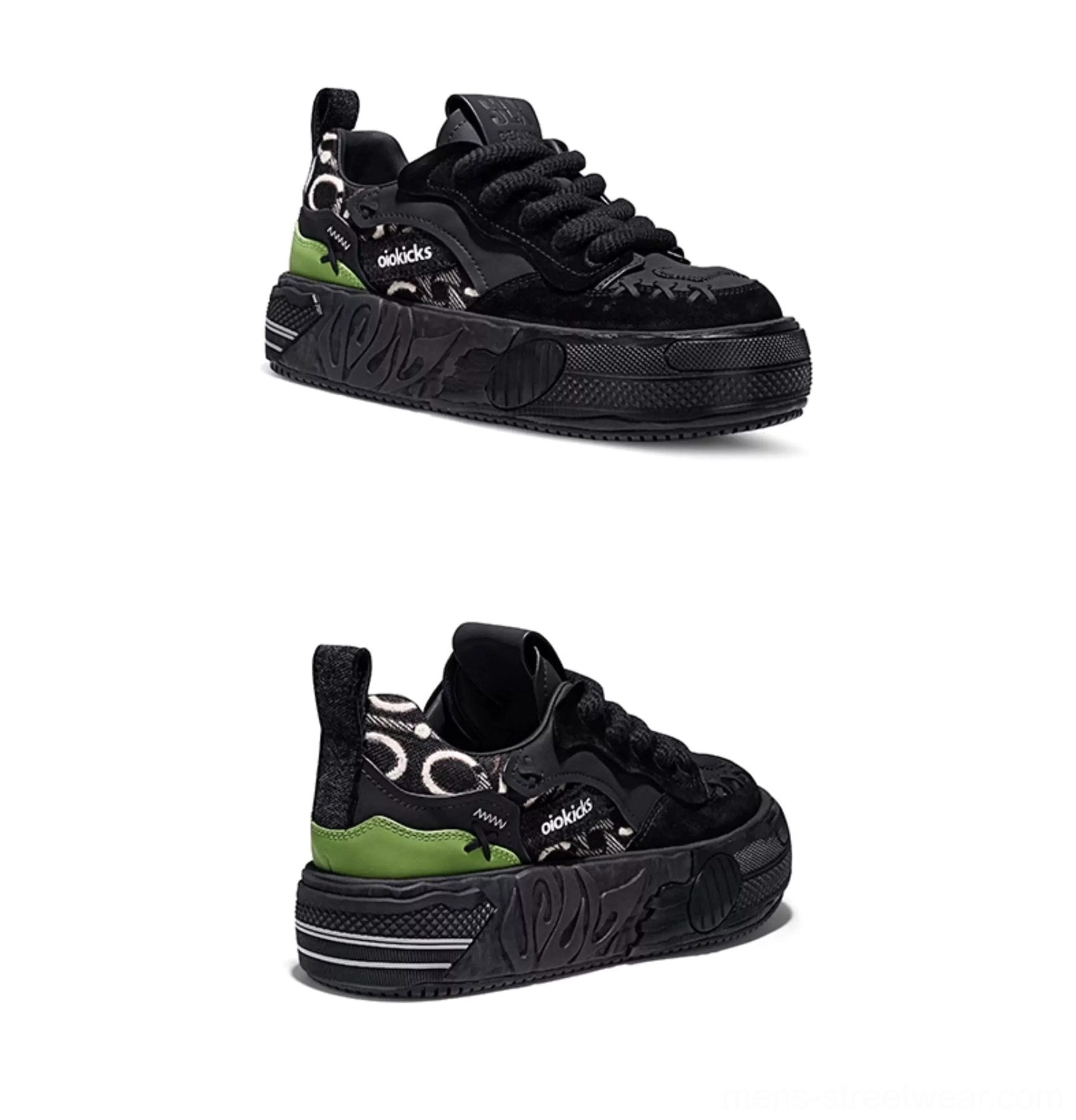 Top view of black leather and woven platform sneaker with oversized laces and cushioned insole