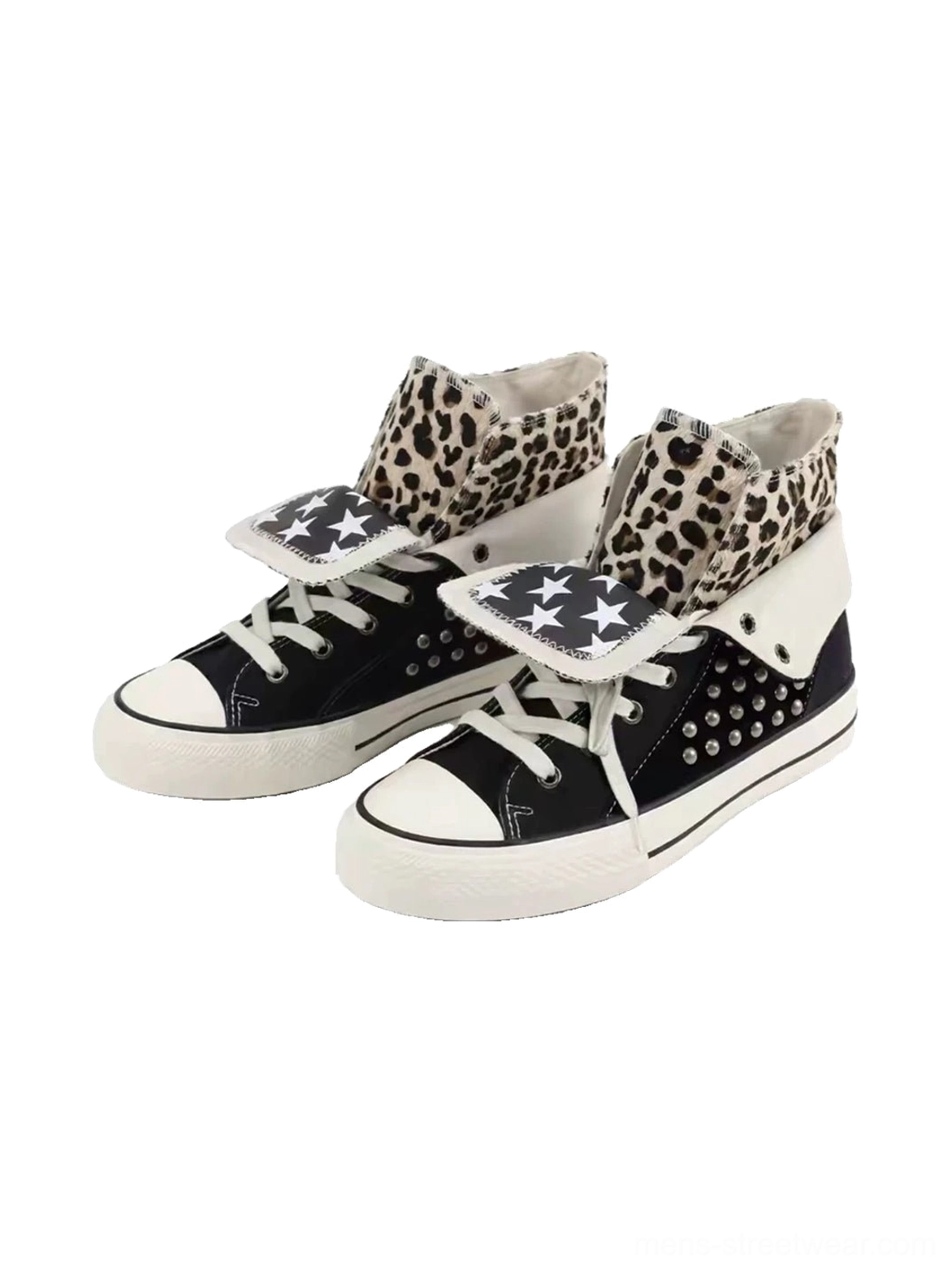 Front view of black animal-print high-top canvas sneakers with leopard-style foldable tongue, star graphic flap, silver studs, and white laces