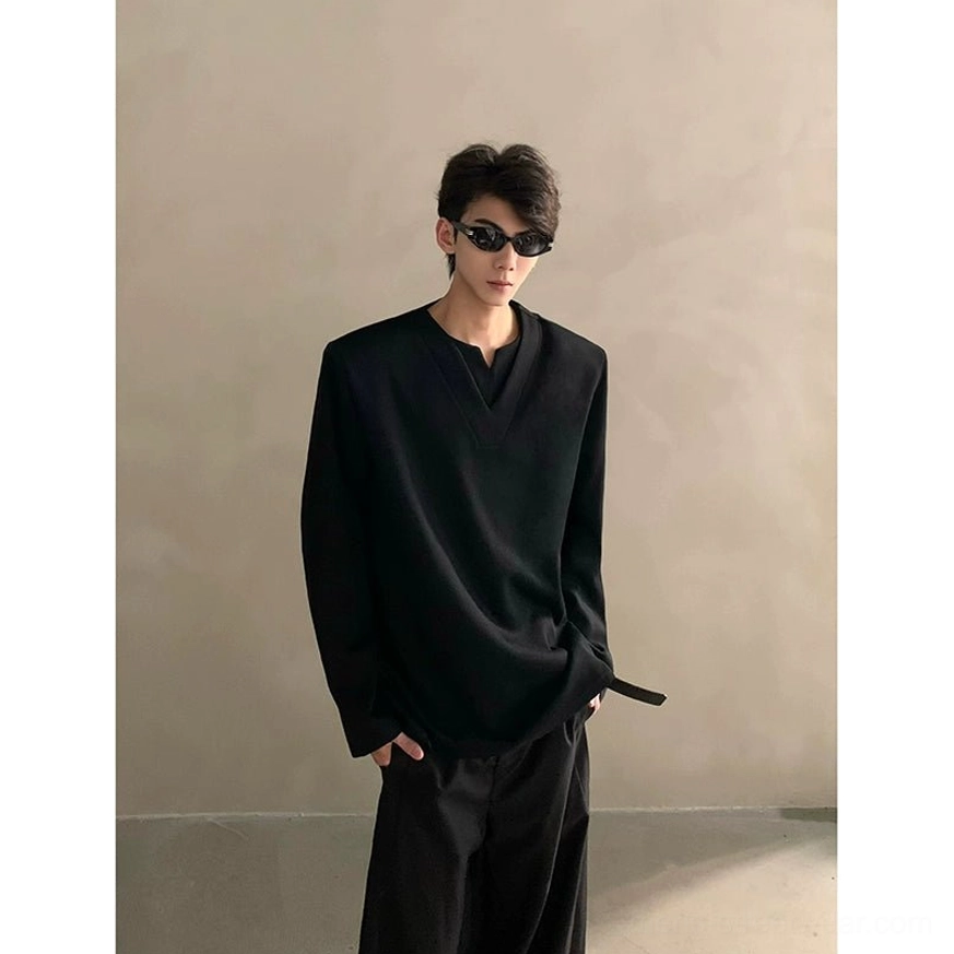 Black long sleeve deep V notched neck streetwear shirt product image for modern Korean fashion outfits