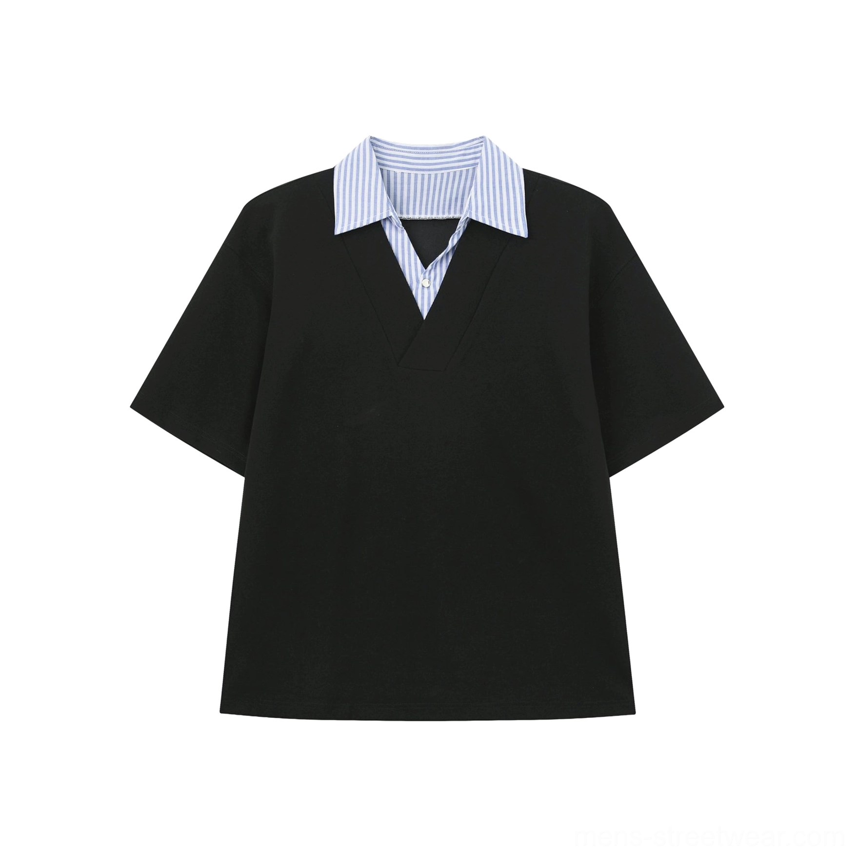 Flat lay of a black loose fit faux layered short sleeve T-shirt with blue striped shirt collar and V-neck placket
