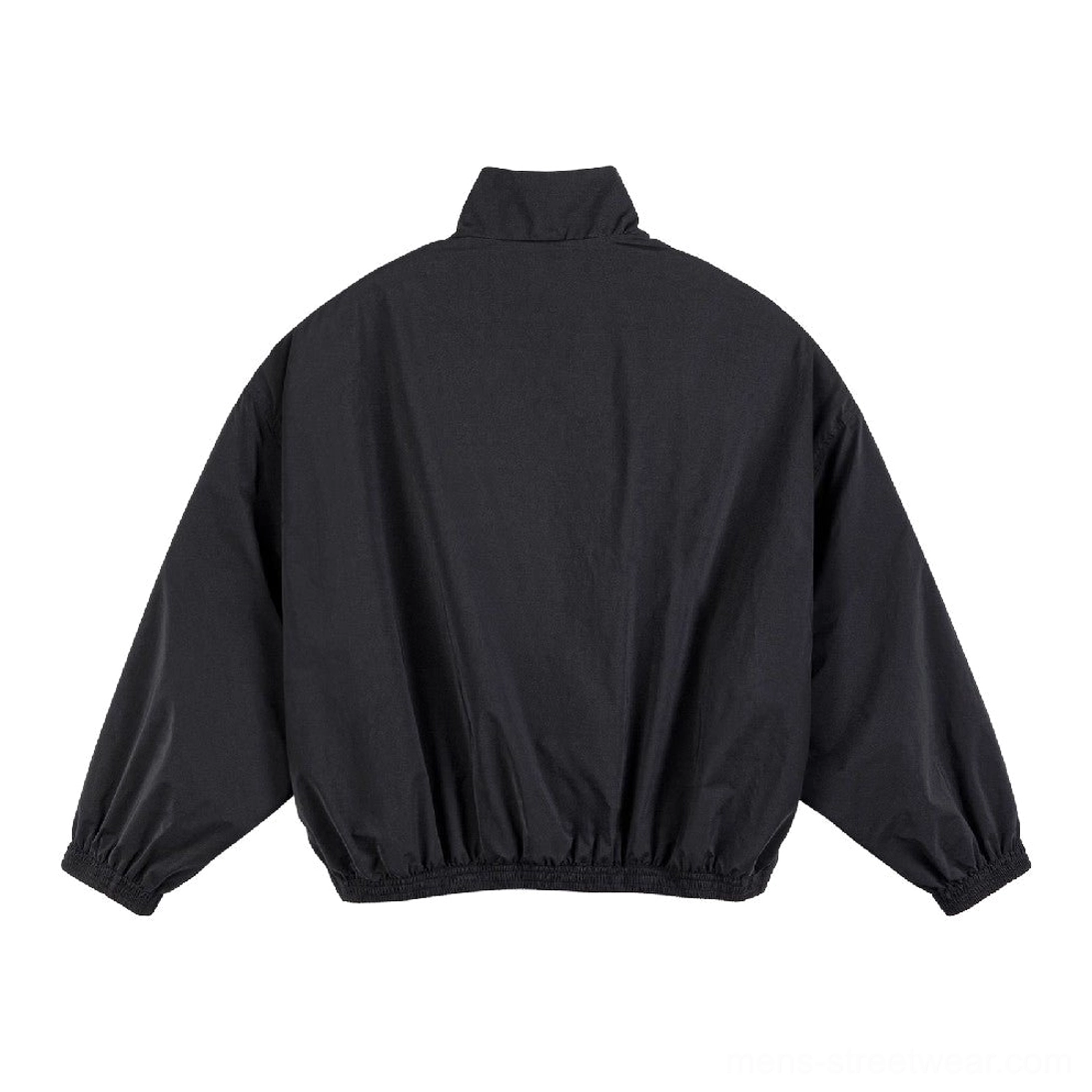 Black loose fit stand collar windbreaker jacket back view with clean minimalist panel and elasticated curved hem