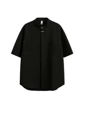 Black mandarin collar oversized utility shirt with concealed placket and dual chest pockets front view
