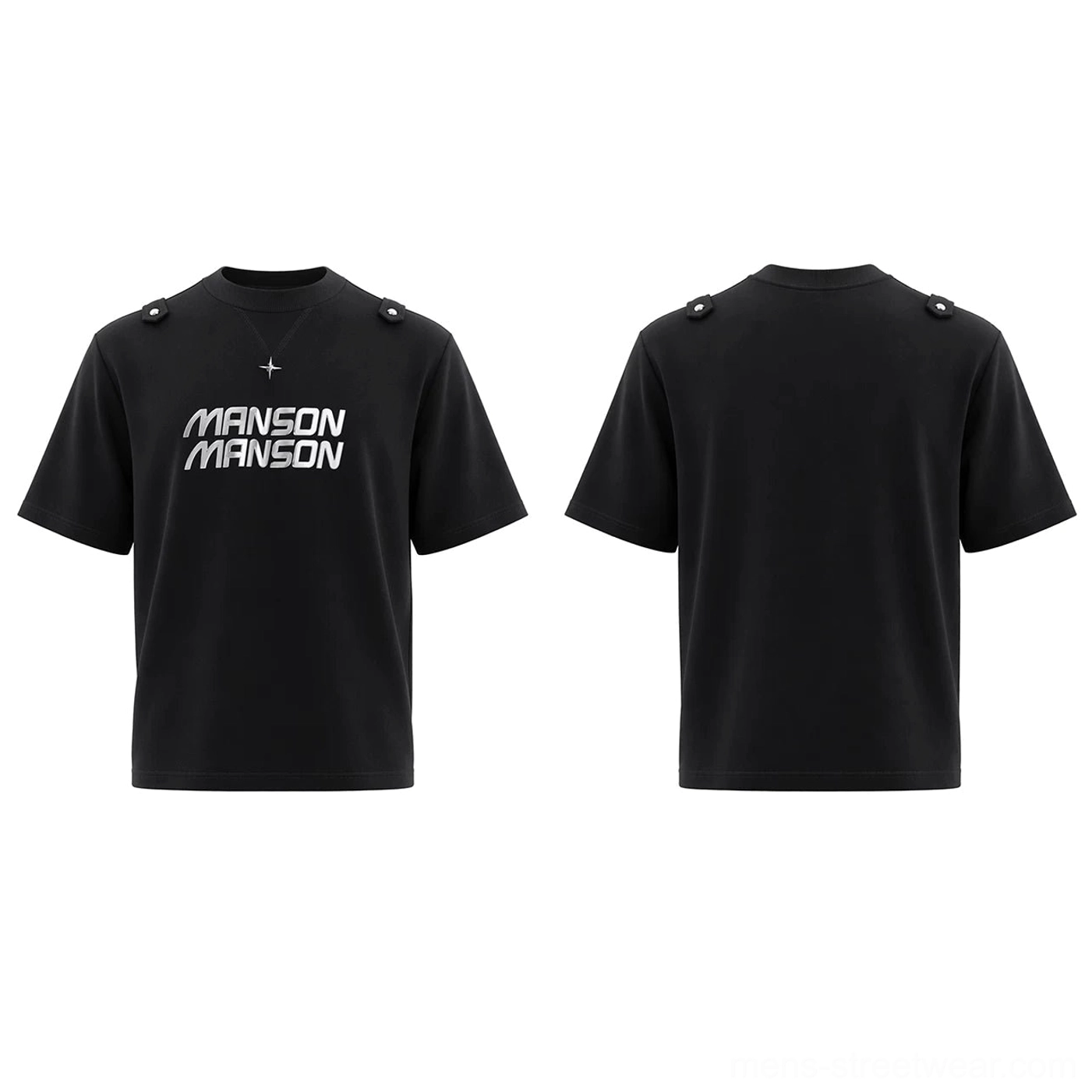 Flat lay front and back view of black MANSON graphic cotton T-shirt showing silver typography, studded shoulder tabs, plain black back, and soft fabric texture