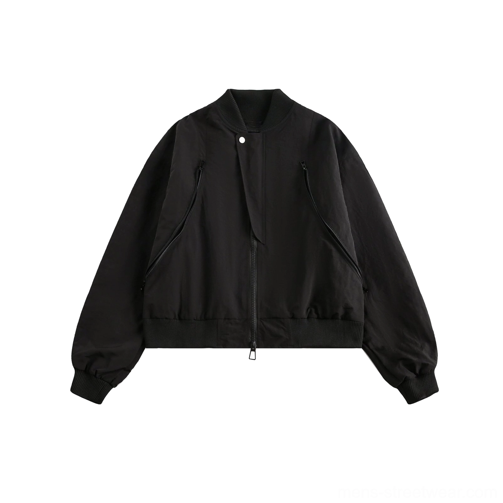 Black matte zip-up flight bomber jacket flat lay showing ribbed collar cuffs hem and angled slash pockets