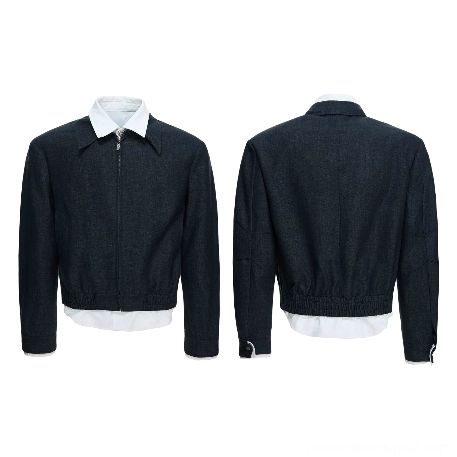 Black men's false-layer collar zip blouson jacket with a cropped silhouette and built-in contrast shirt details