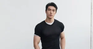 Black men's fitted short sleeve Lyocell T-shirt with layered neckline trim and semi-sheer slim fit for Korean streetwear styling