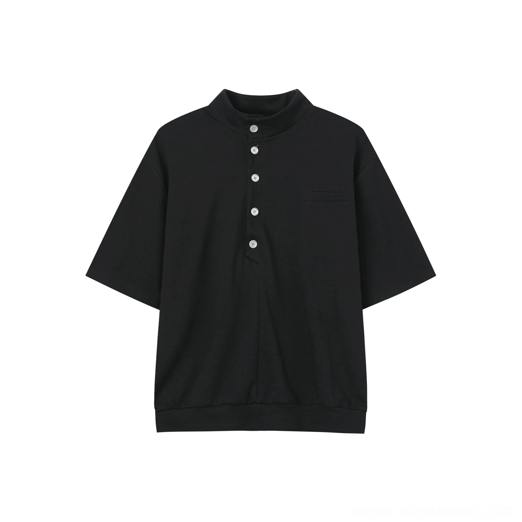 Black men's stand collar Henley polo shirt flat lay with half-button closure and ribbed bottom hem