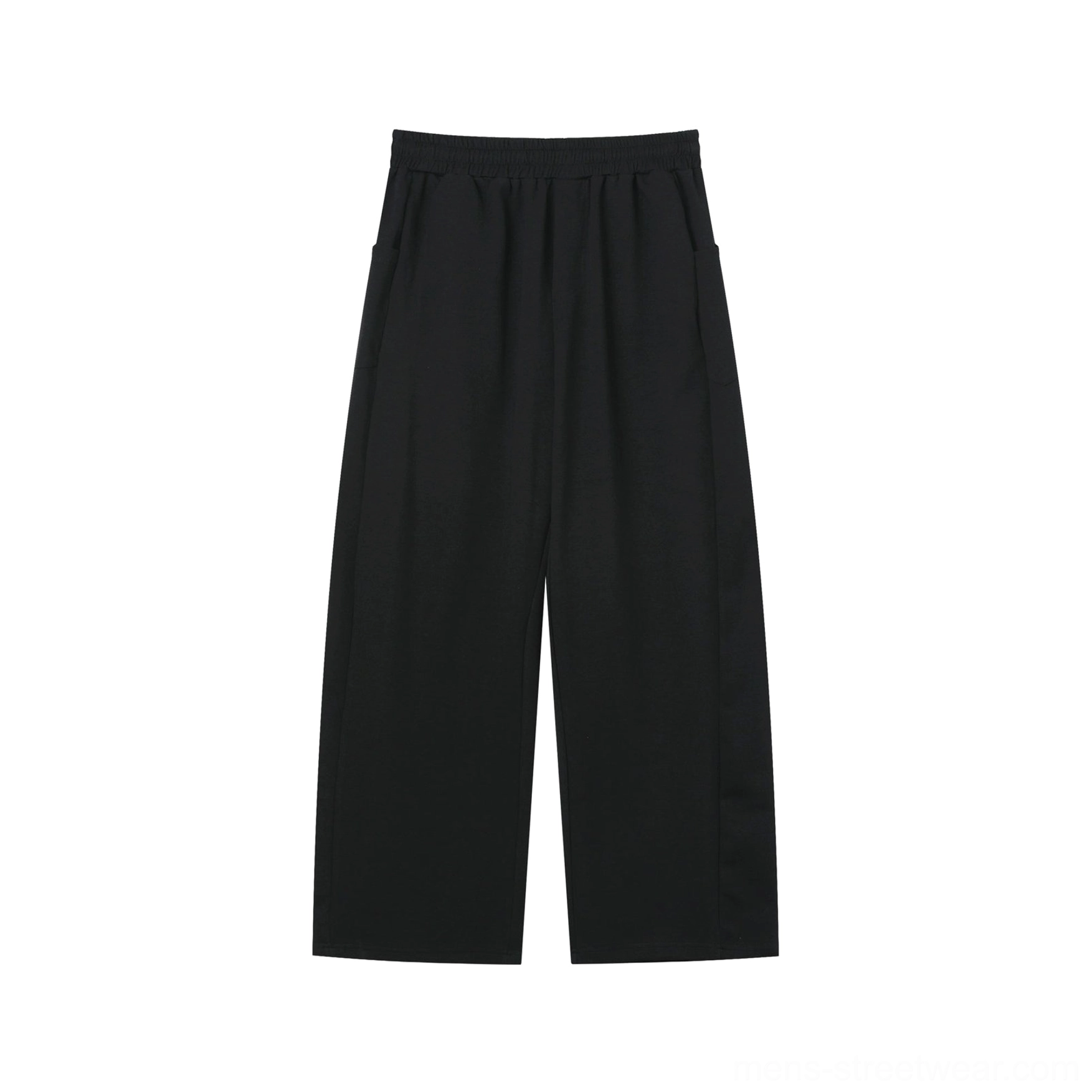 Black men's wide-leg casual pants flat lay with elastic waistband front pleats and loose straight-leg fit