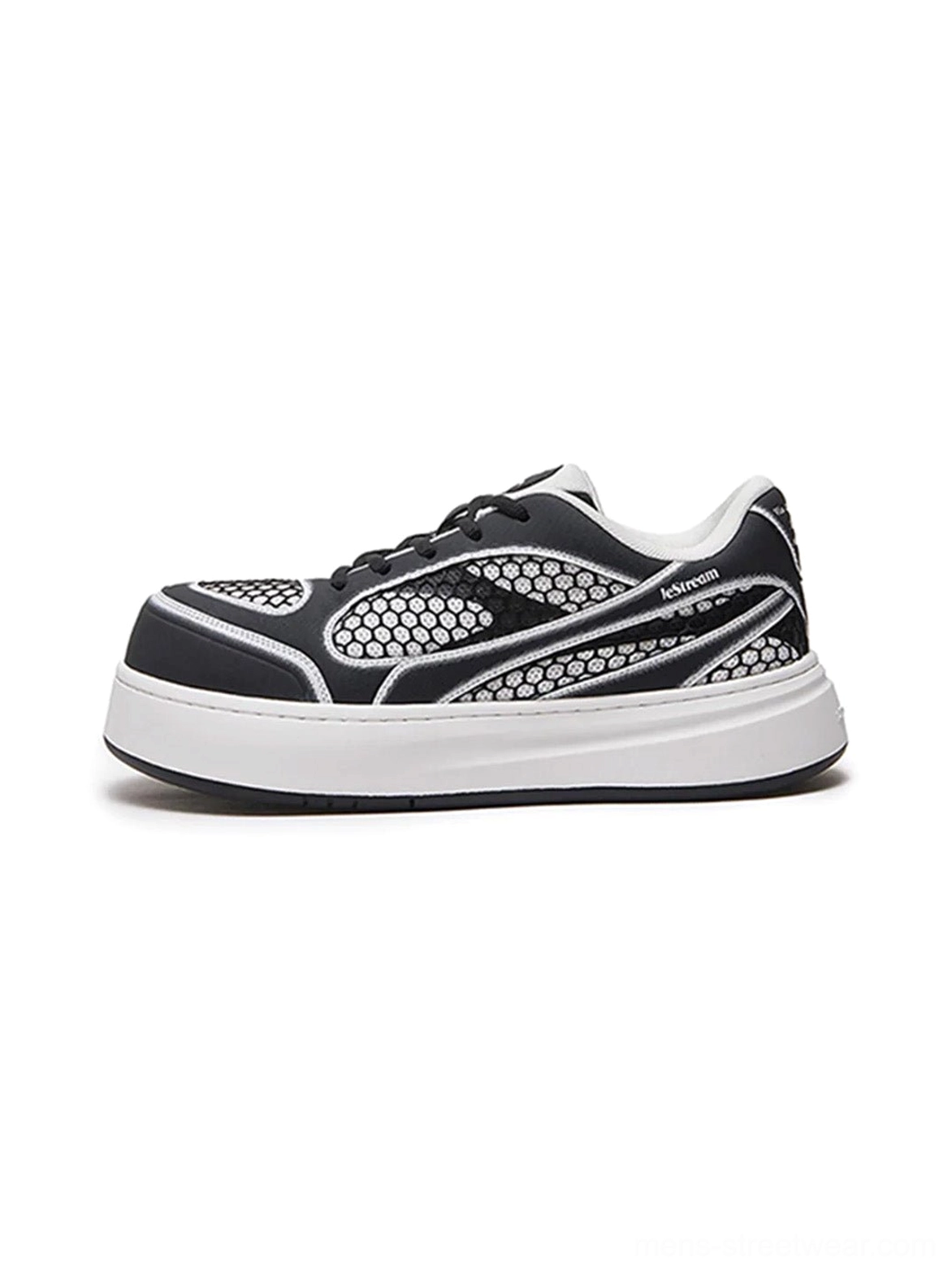 Black and white mesh panel platform derby sneakers shown in a side profile studio view with honeycomb textile upper and thick elevated white outsole