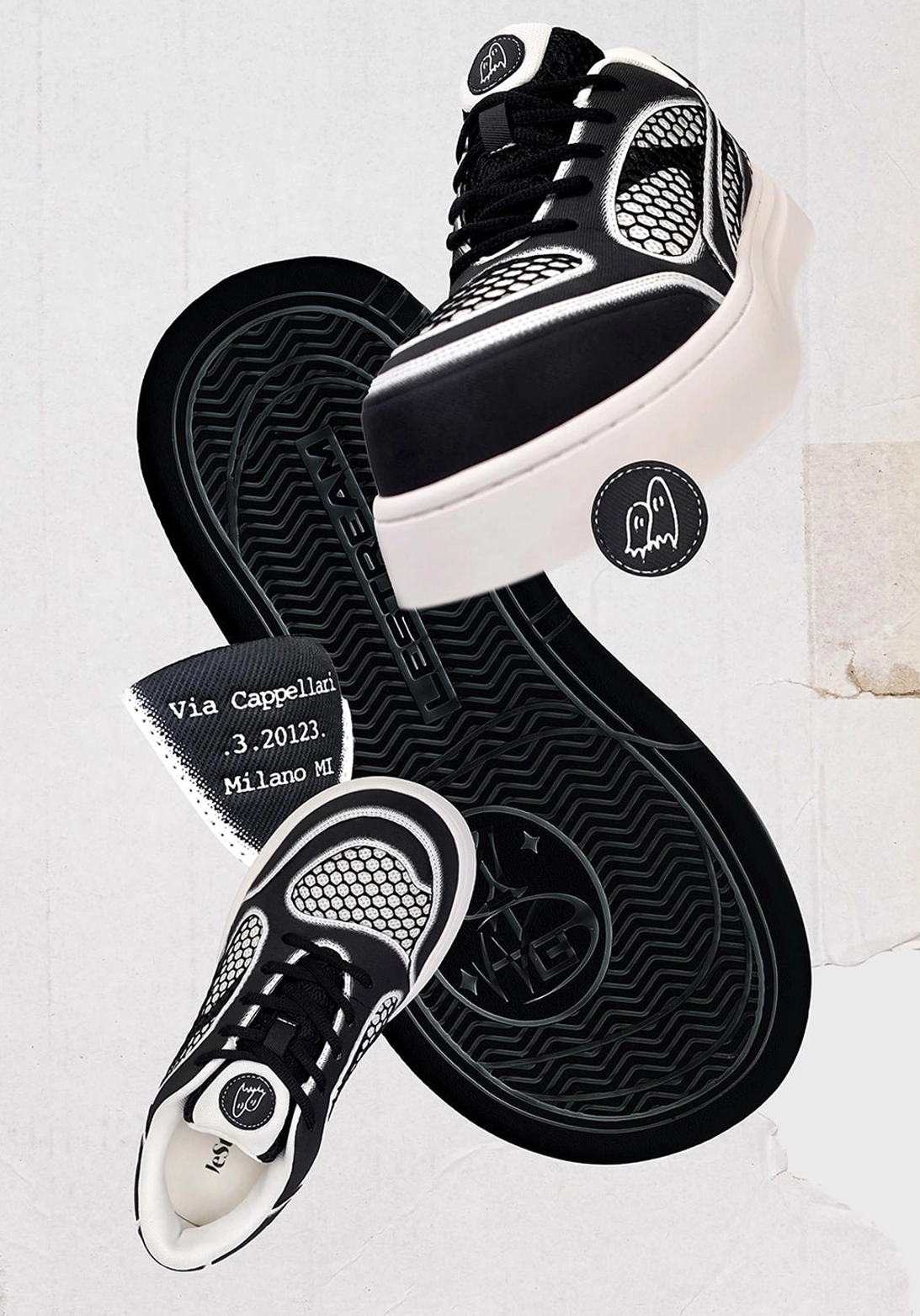 Detailed flat lay of black mesh platform derby sneakers showing the honeycomb upper, thick outsole, tongue logo, and hang tag