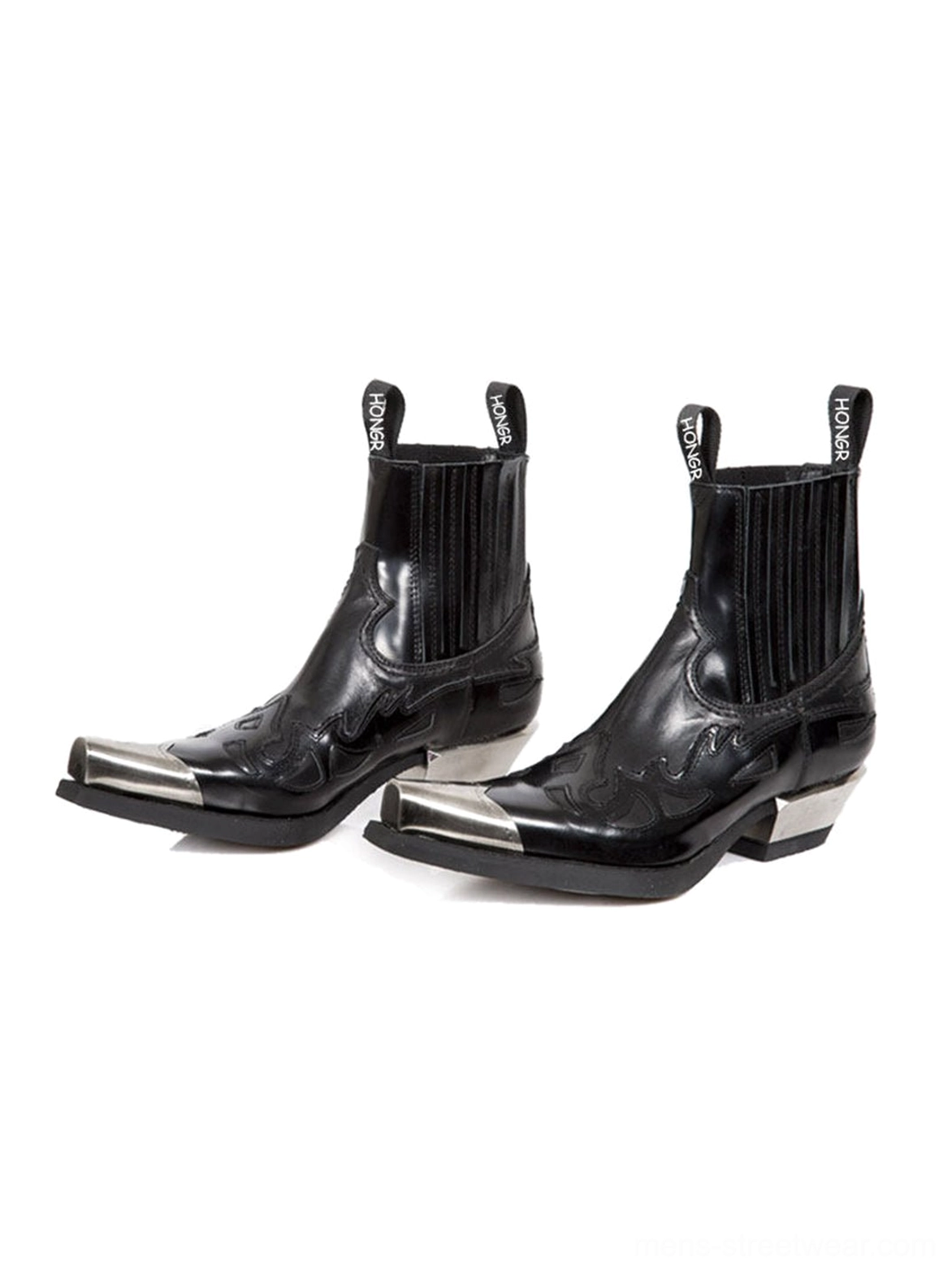 Front three-quarter view of black metallic square toe Chelsea boots with elastic side gussets and Western-inspired stitching