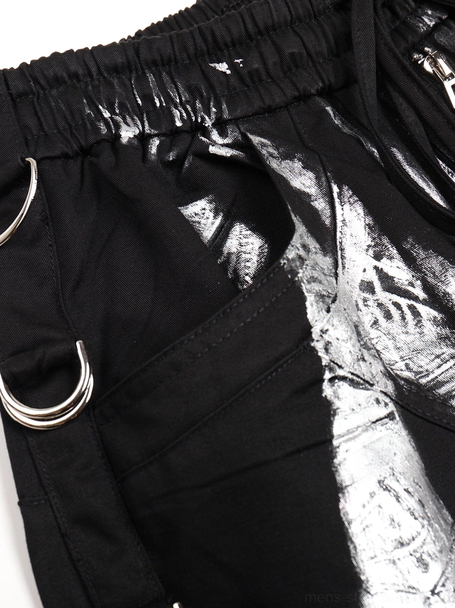 Black metallic strap cargo pants product detail for oversized Seoul-inspired streetwear and utility fashion styling
