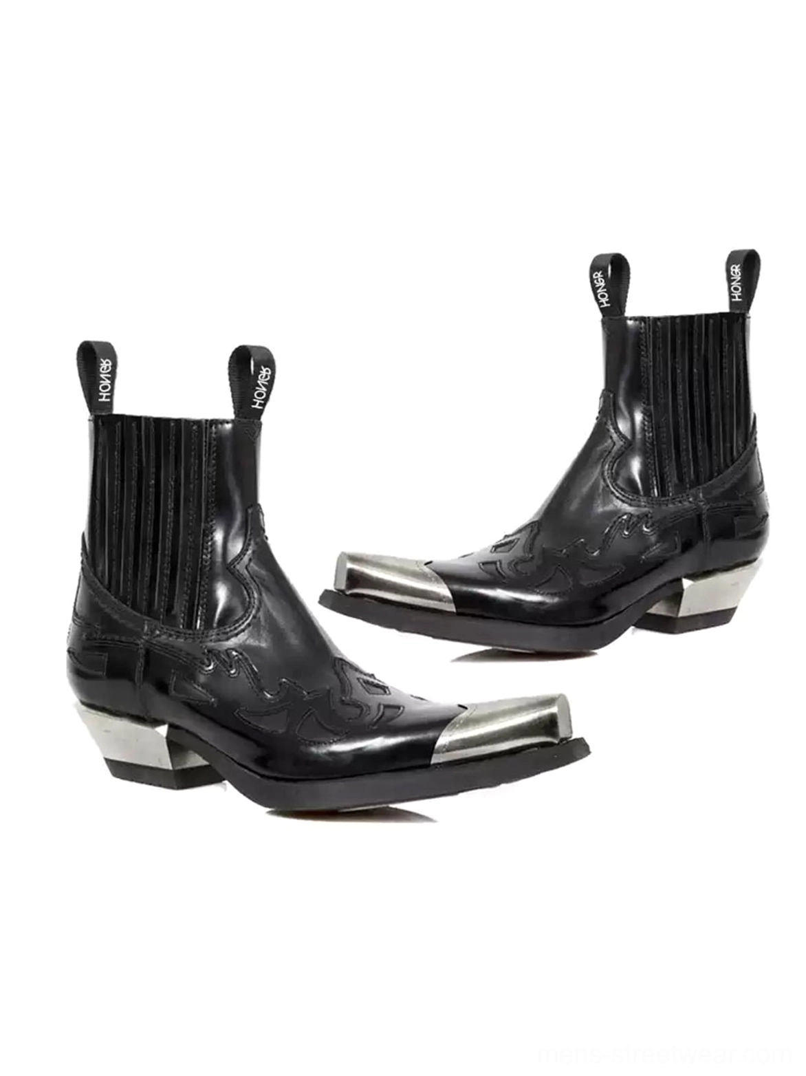 Dual side view of black metallic toe block heel Chelsea boots showing full ankle boot profile and elastic panels