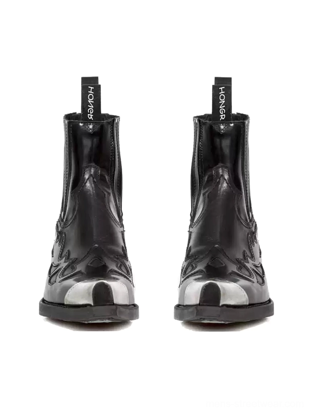Front view of glossy black metallic toe block heel Chelsea boots showing square silver toe caps and pull tabs