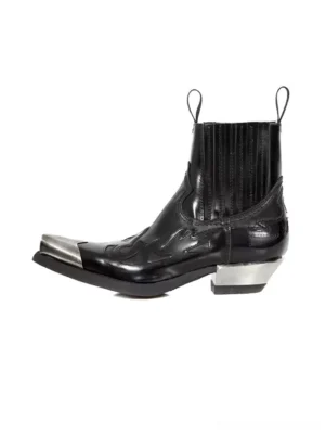 Black metallic square toe block heel Chelsea boots in glossy coated leather side profile with silver toe cap and heel