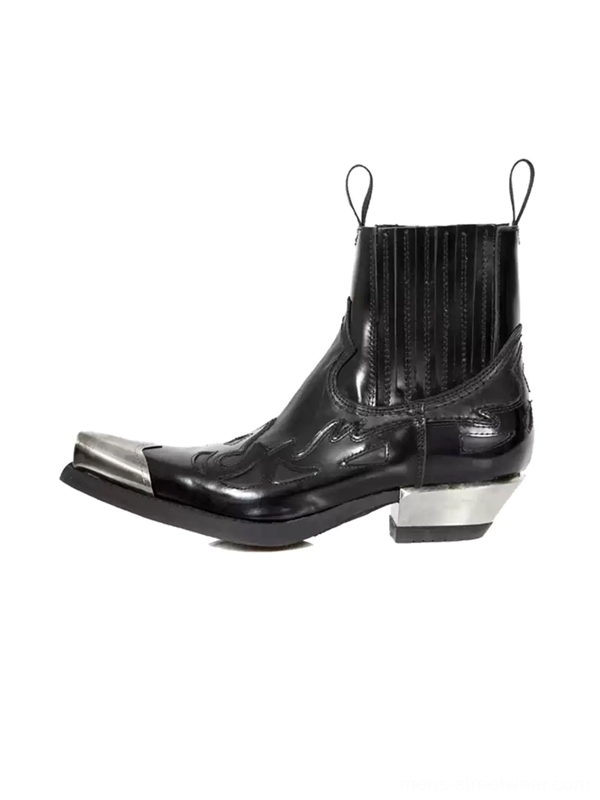 Black metallic square toe block heel Chelsea boots in glossy coated leather side profile with silver toe cap and heel