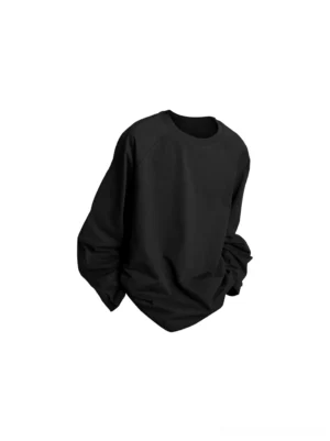 Black minimalist raglan long sleeve T-shirt with relaxed oversized fit and crew neck for Korean streetwear