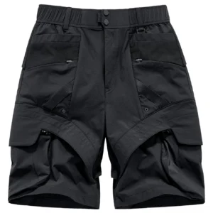 Front flat lay of black multi-pocket tactical cargo shorts with button and elastic waist, zippered utility cargo pockets, and relaxed techwear streetwear fit