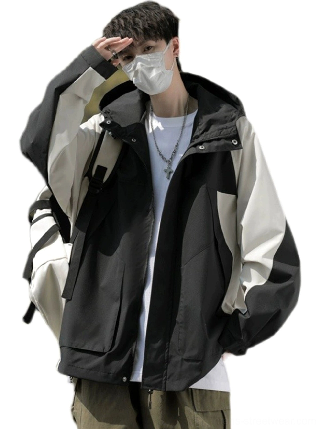 Three-quarter view of a black and off-white hooded streetwear windbreaker jacket with front cargo pockets