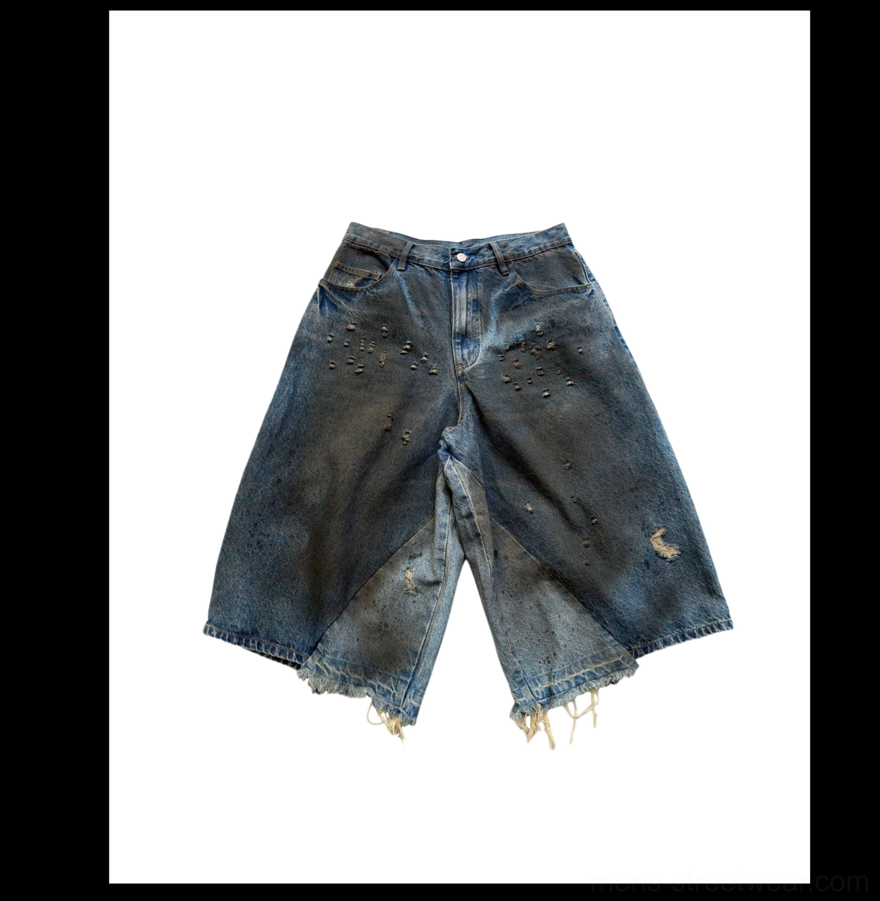Flat lay front view of black oil-washed distressed wide-leg cropped gaucho jeans showing front pockets, zip fly, faded marks, and shredded raw hems