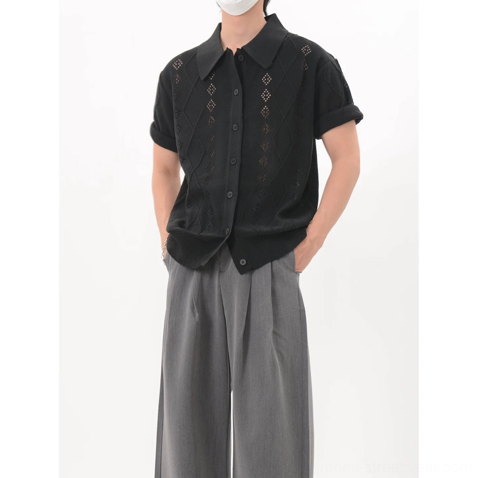 Black openwork knit polo cardigan product image featuring a wide collar, button front, and relaxed streetwear silhouette