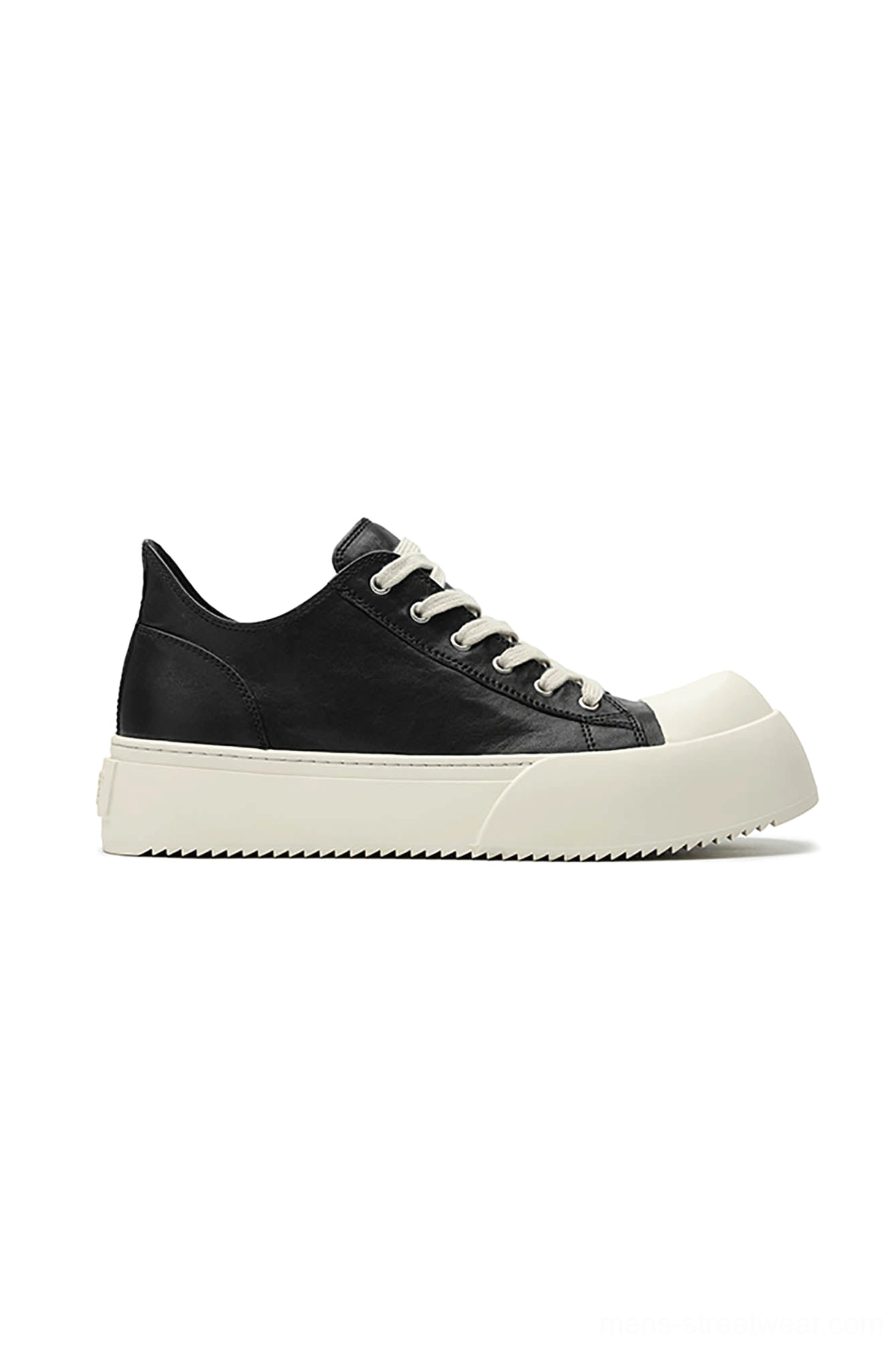 Black Oreo low-top platform streetwear sneakers right side profile showing smooth black upper and thick cream sole