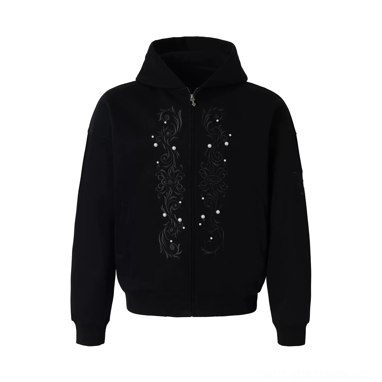 Black ornate pearl embroidered boxy zip-up streetwear hoodie flat product view with full zipper and front scroll embroidery