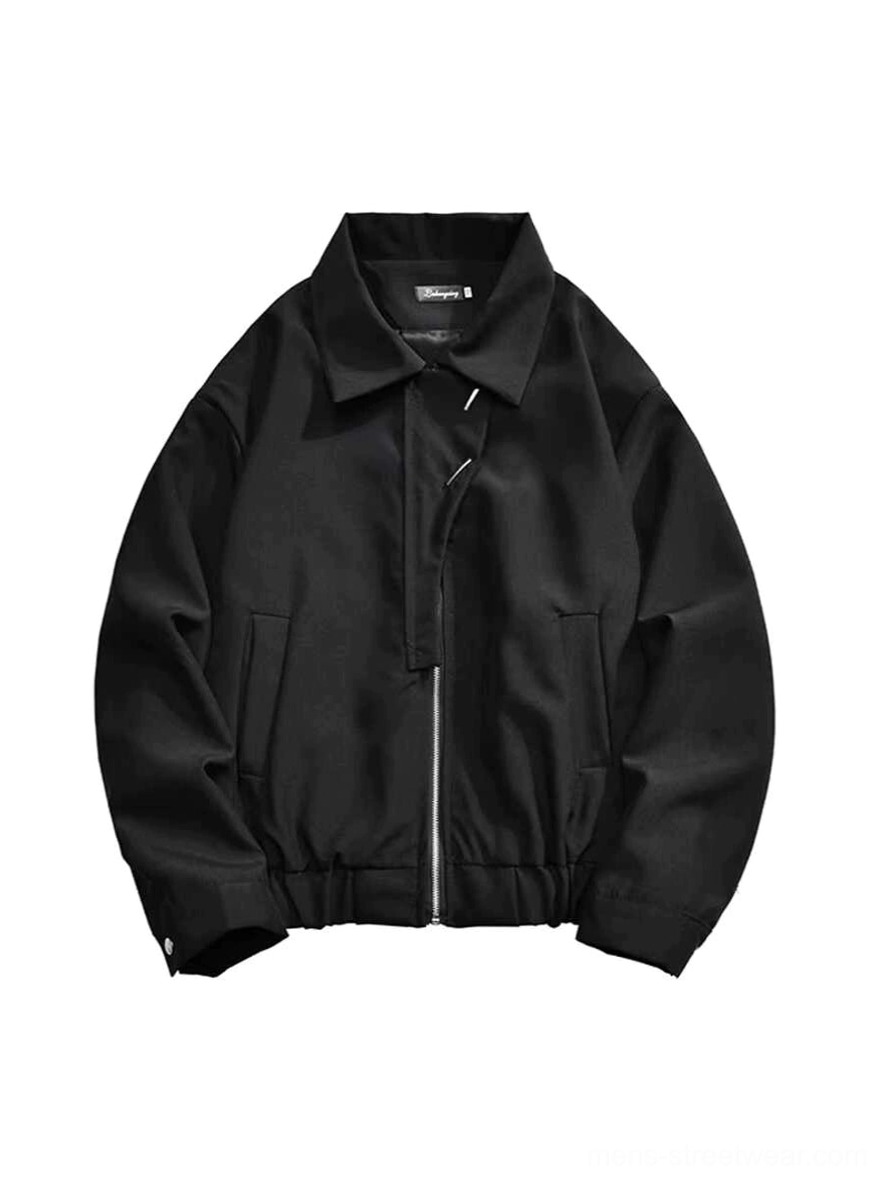 Flat lay front view of black oversized bomber jacket featuring turn-down collar ribbed hem and zip-front closure