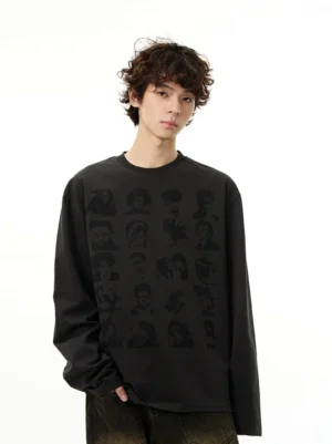 Black oversized character print long sleeve tee with tonal retro portrait graphics modeled in a relaxed Korean streetwear outfit