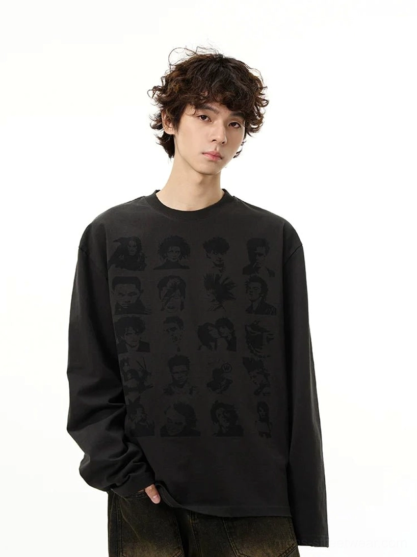 Black oversized character print long sleeve tee with tonal retro portrait graphics modeled in a relaxed Korean streetwear outfit