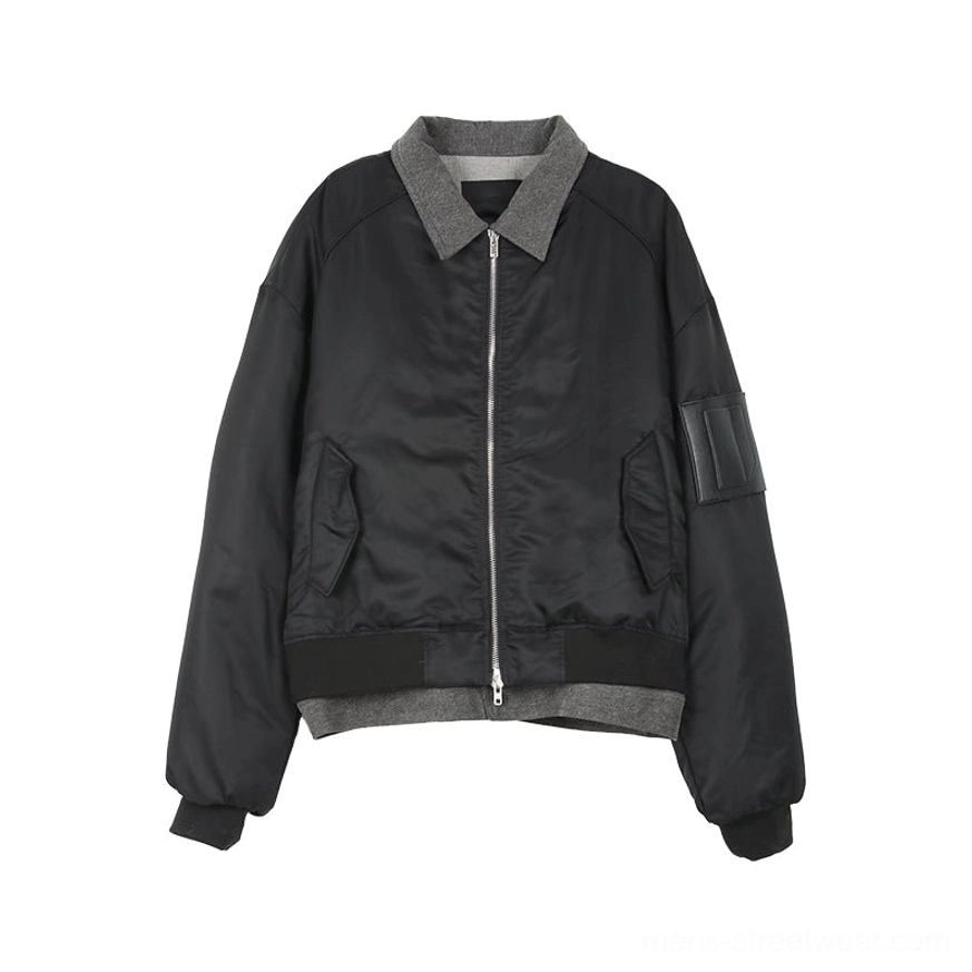 Black oversized contrast trim zip bomber jacket flat lay showing full zipper grey ribbed collar layered hem and sleeve pocket