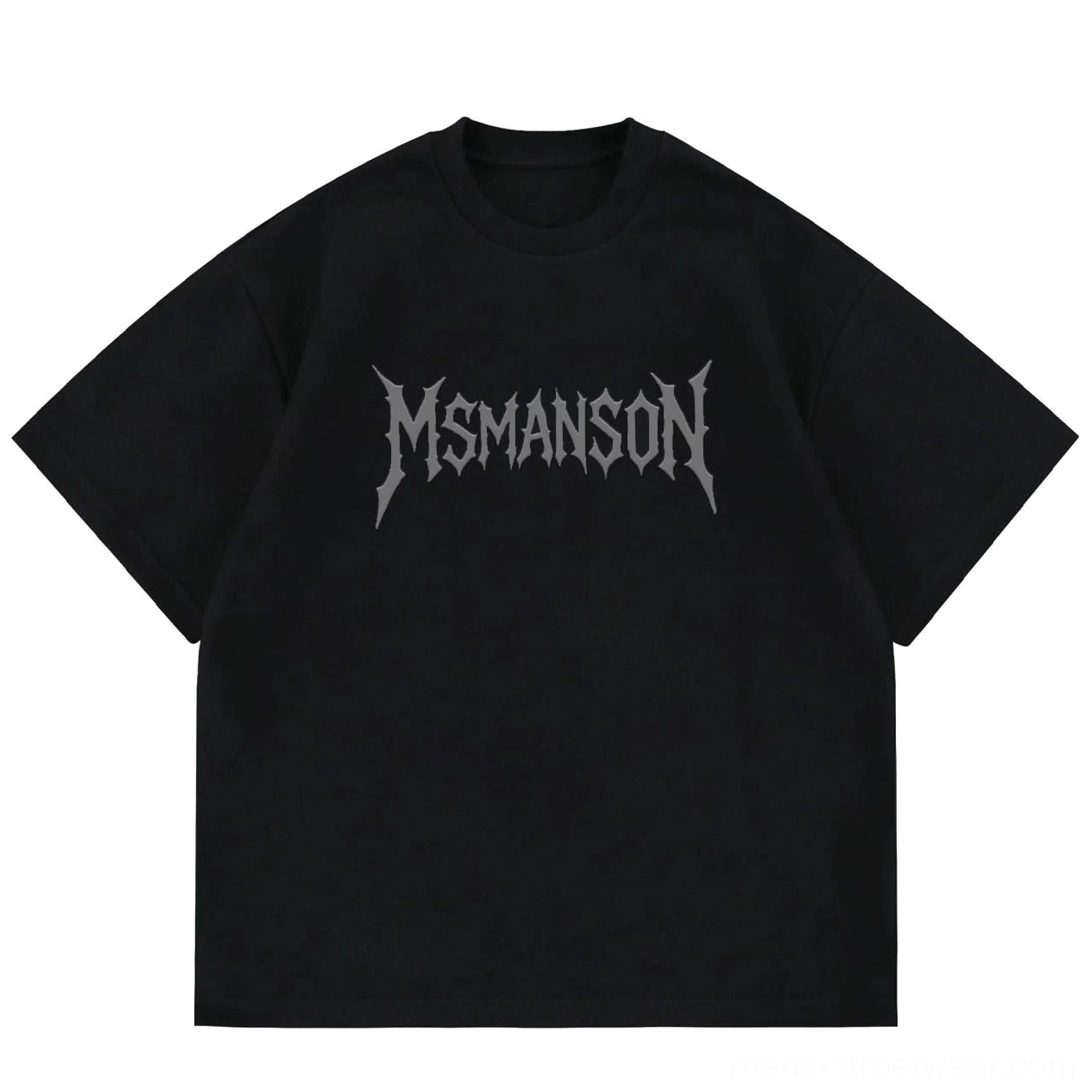 Flat lay of black oversized cotton T-shirt with grey gothic script graphic, crew neck, and boxy Korean streetwear fit