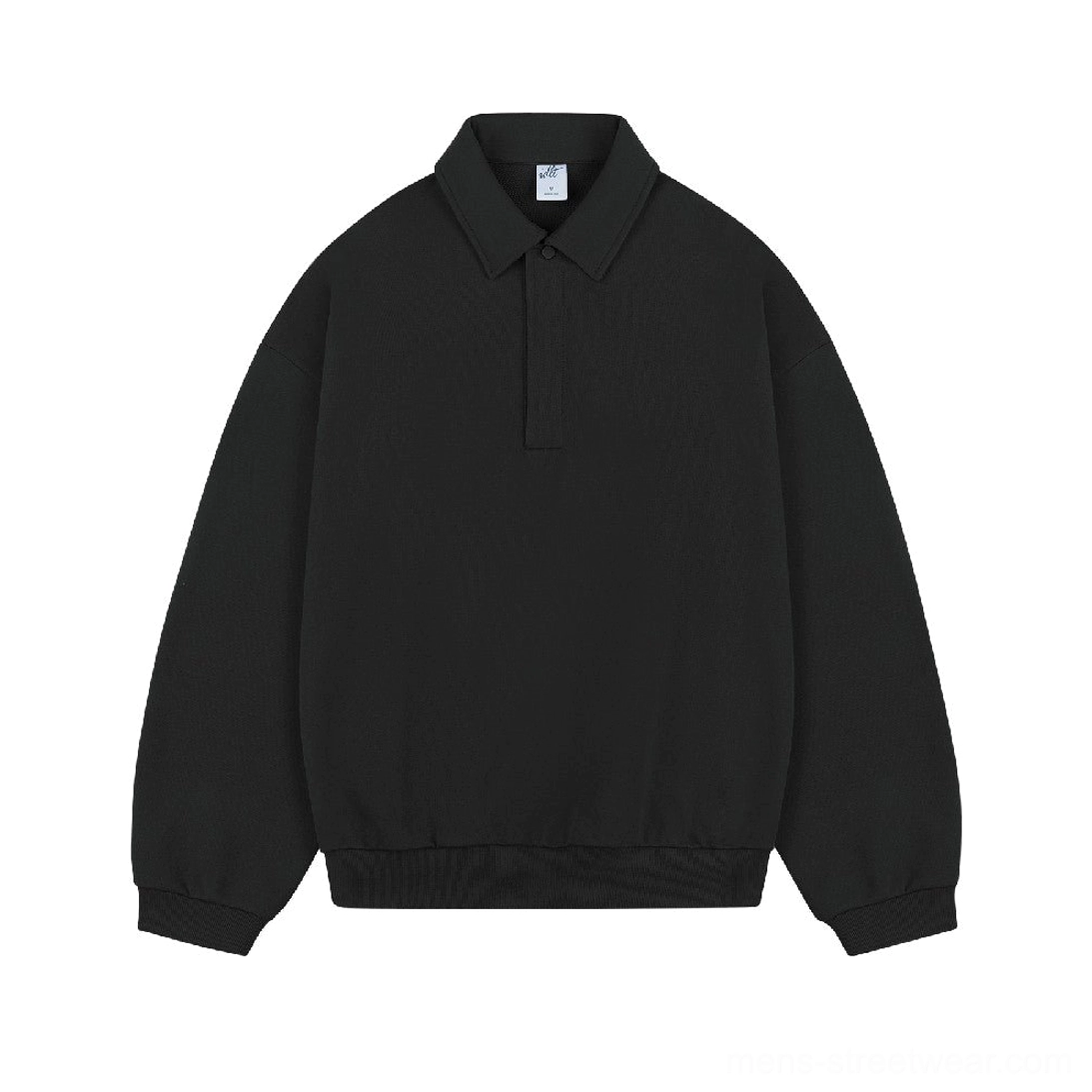 Black oversized cotton long sleeve polo sweatshirt with minimalist half placket collar and ribbed hem
