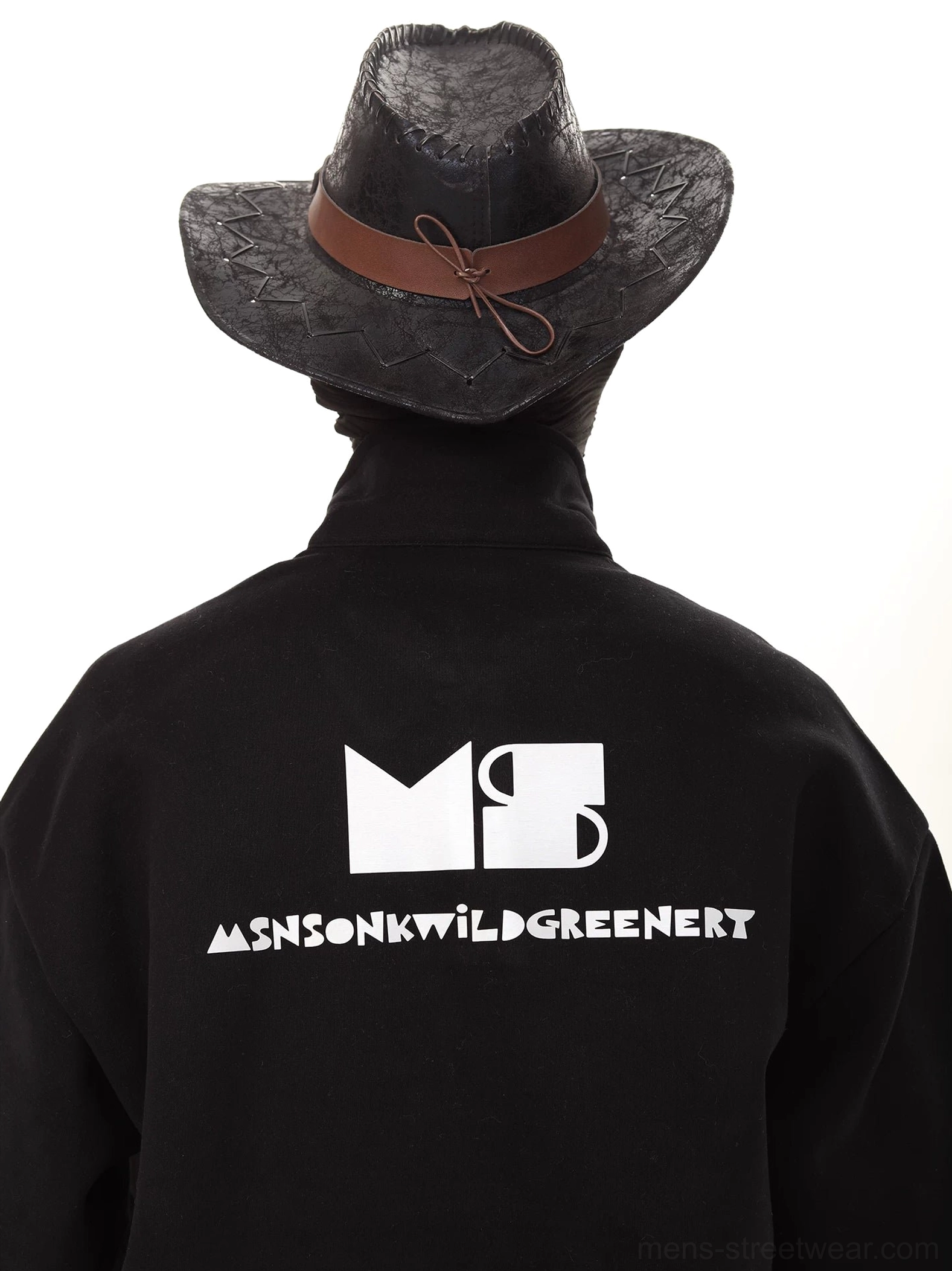 Black oversized cotton polo sweatshirt shown from the back with bold graphic print and relaxed dropped shoulder streetwear silhouette