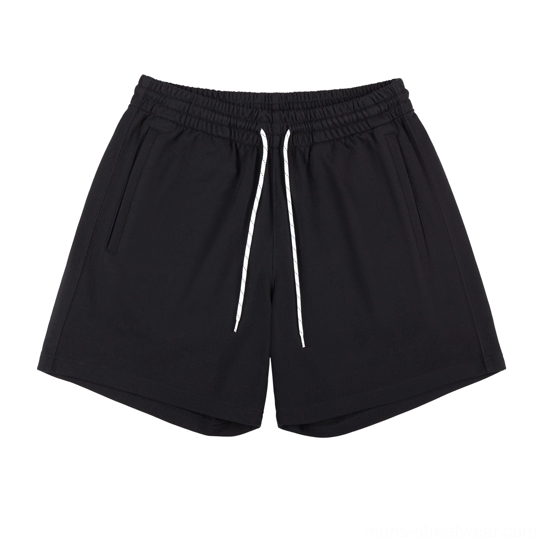 Black oversized cotton sweat shorts with contrasting white drawstring elastic waistband and relaxed streetwear fit