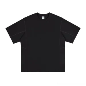 Black oversized crew neck cotton T-shirt with contrast seam details for minimalist Korean streetwear