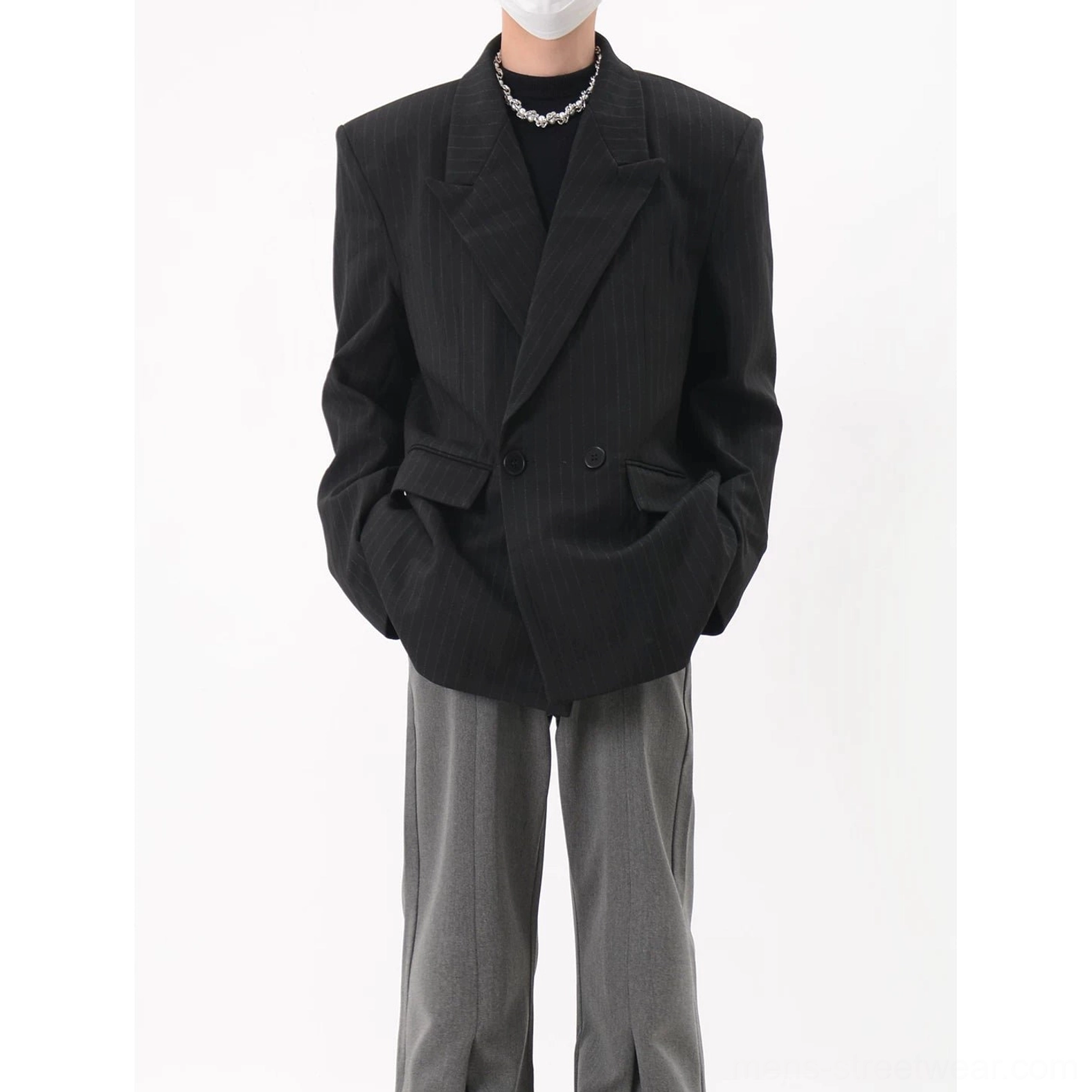 Black oversized double-breasted pinstripe blazer with structured shoulders and longline fit for Korean streetwear styling