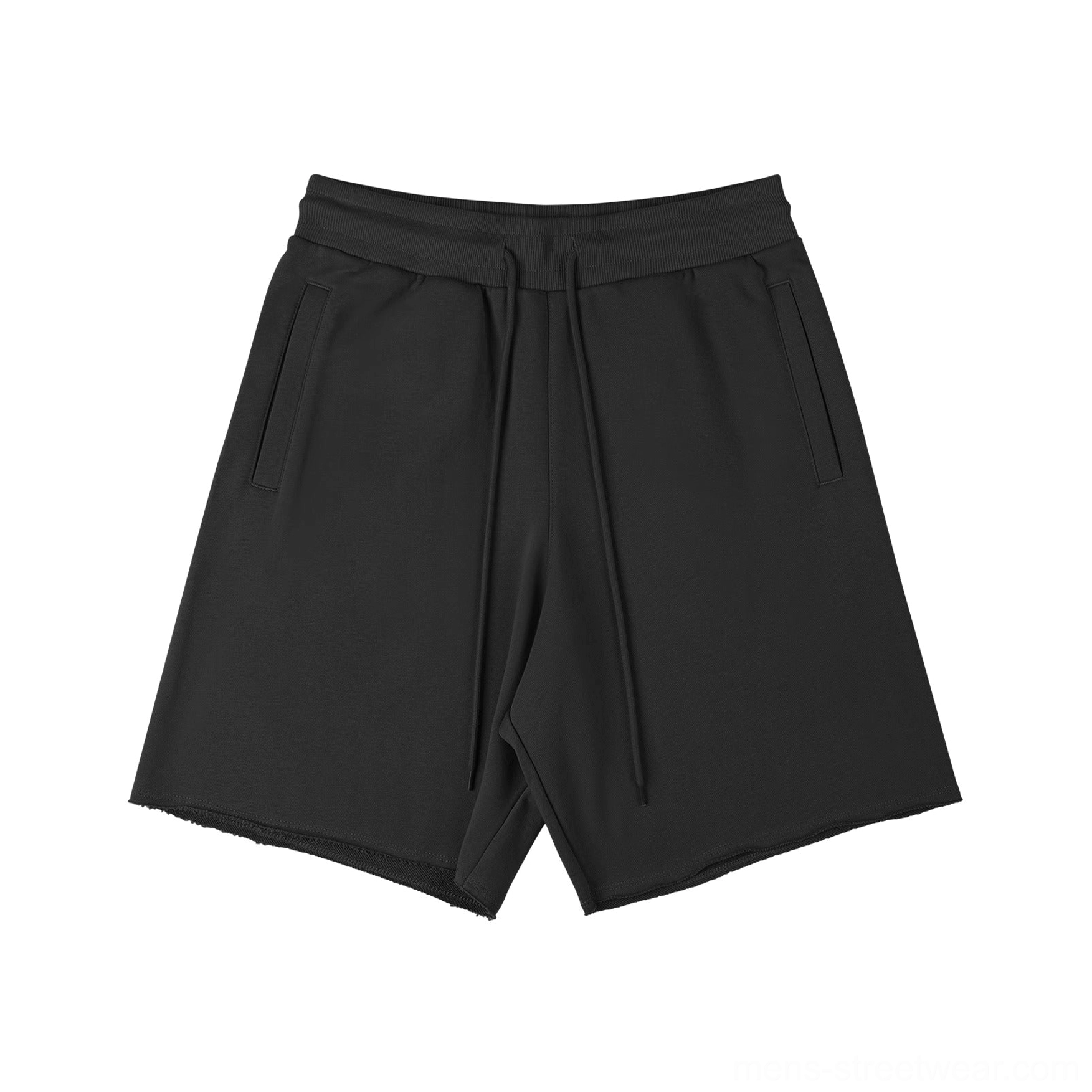 Black oversized drawstring shorts flat lay studio photography jet black solid color side slash pockets raw cut hem detail
