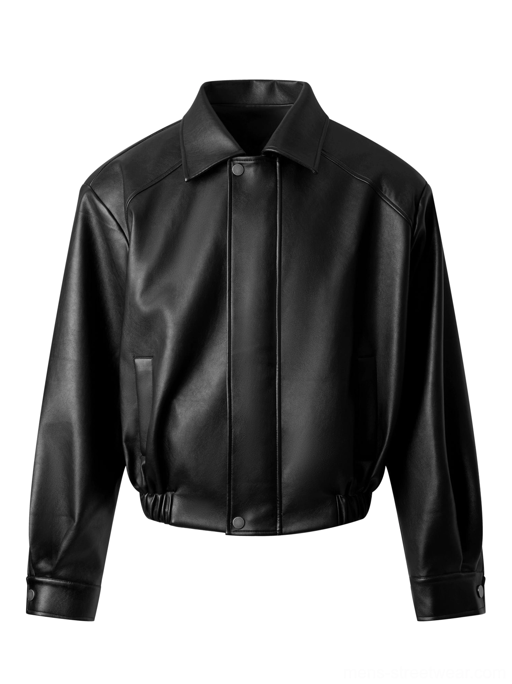 Black oversized faux leather bomber jacket front product view showing zipper pockets cuffs and elastic hem