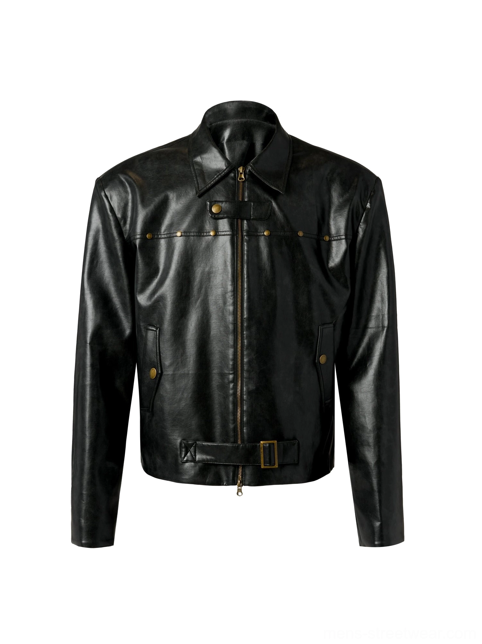 Front flat lay of black oversized faux leather motorcycle jacket with full zipper, bronze studs, flap pockets, buttons, and adjustable waist strap